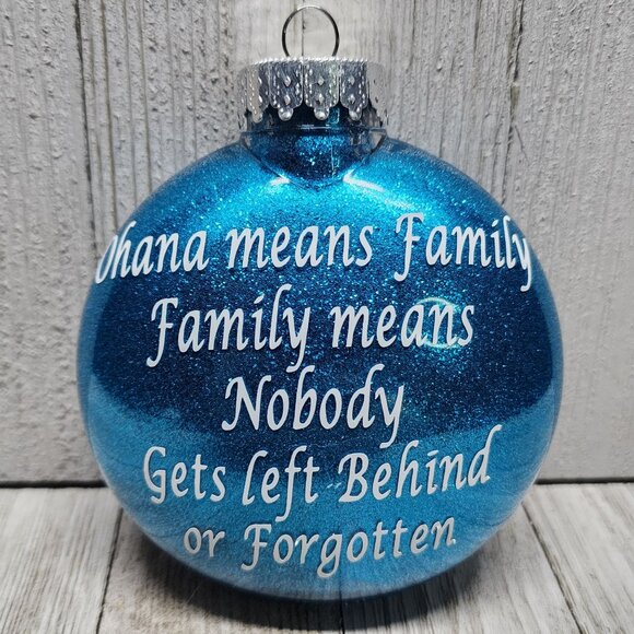 Vtg Christmas Tree Ball Ornament Ohana Stitch Design Glittered Blue Plastic 4.5" - Picture 2 of 4